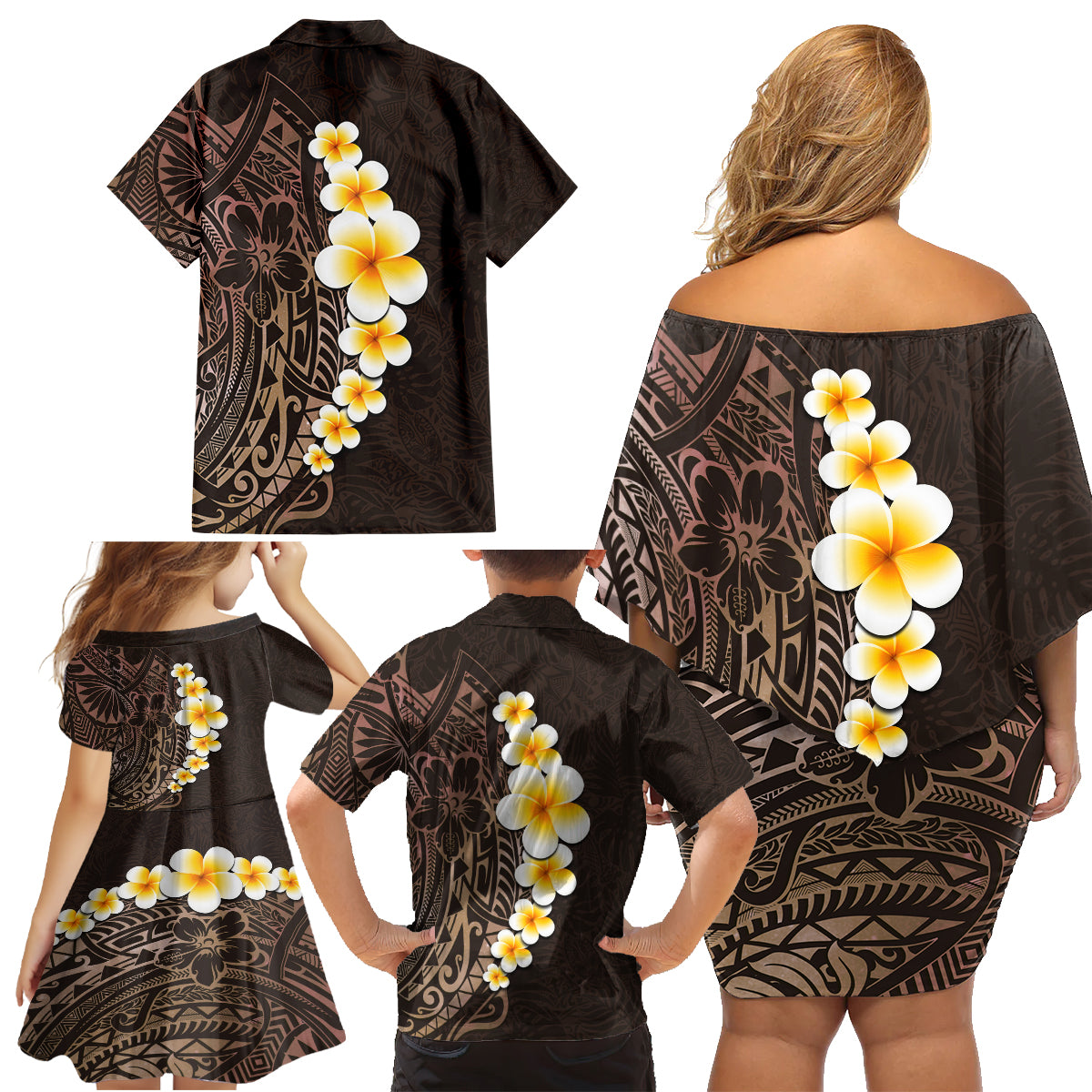 Brown Polynesia Family Matching Off Shoulder Short Dress and Hawaiian Shirt Plumeria Tropical Leaves With Galaxy Polynesian Art LT14 - Polynesian Pride