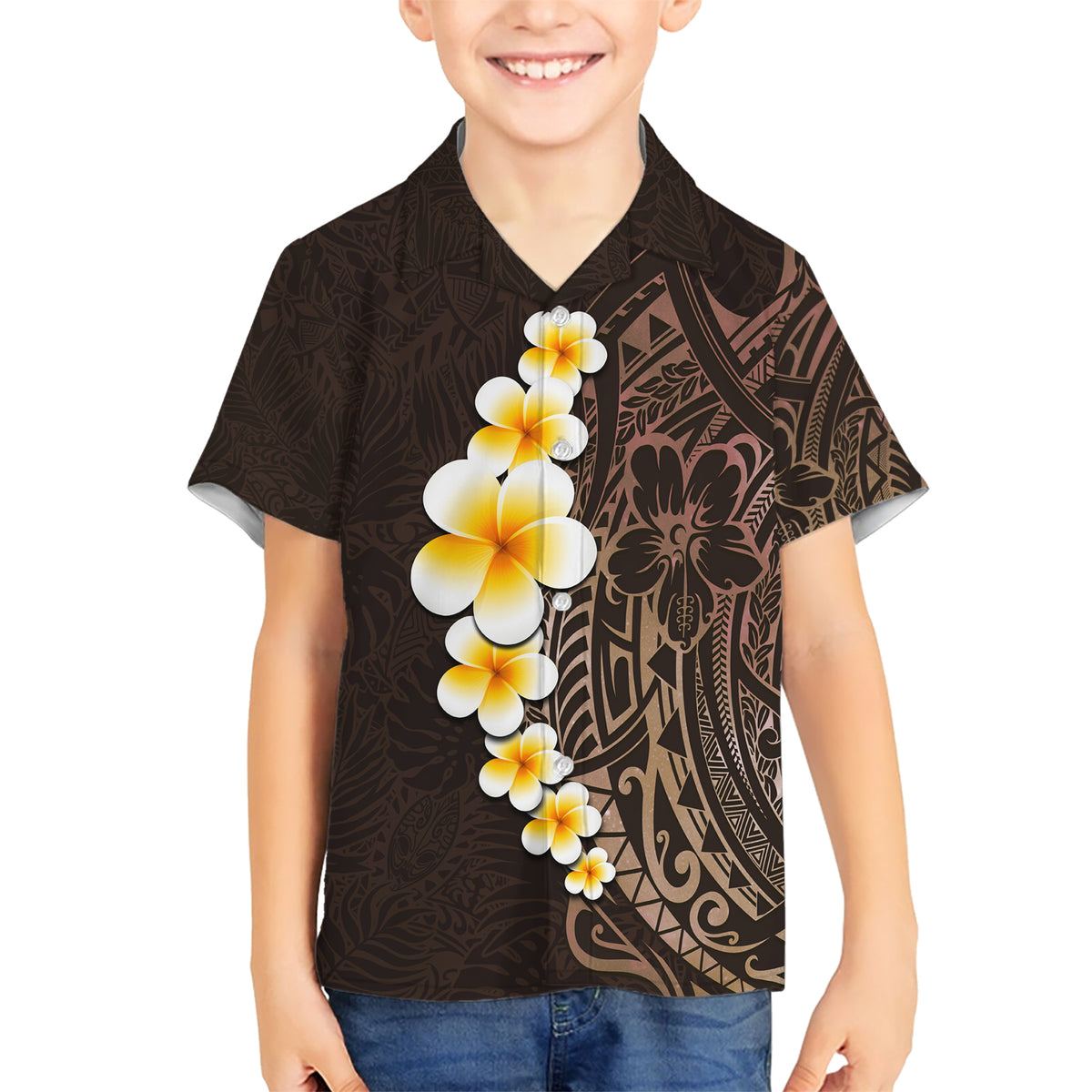 Brown Polynesia Hawaiian Shirt Plumeria Tropical Leaves With Galaxy Polynesian Art LT14 - Polynesian Pride