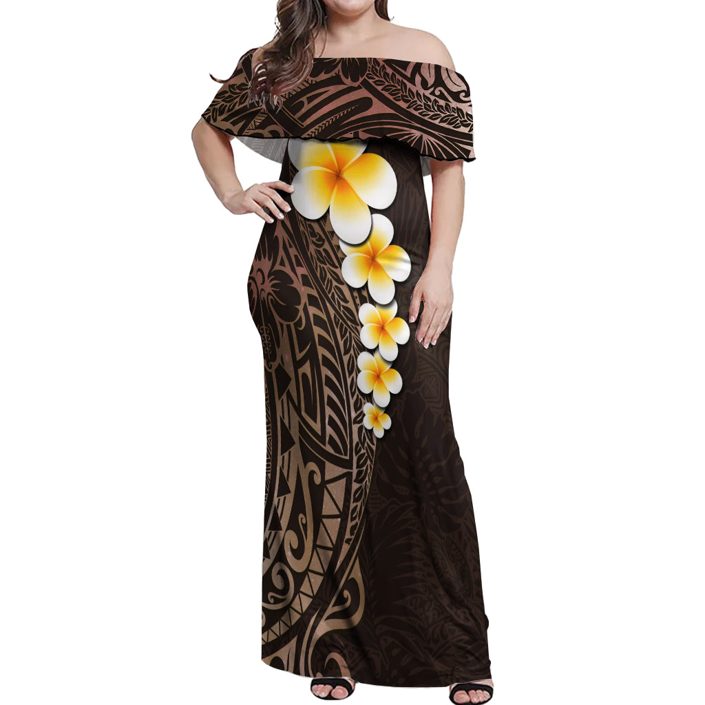 Brown Polynesia Off Shoulder Maxi Dress Plumeria Tropical Leaves With Galaxy Polynesian Art LT14 Women Brown - Polynesian Pride