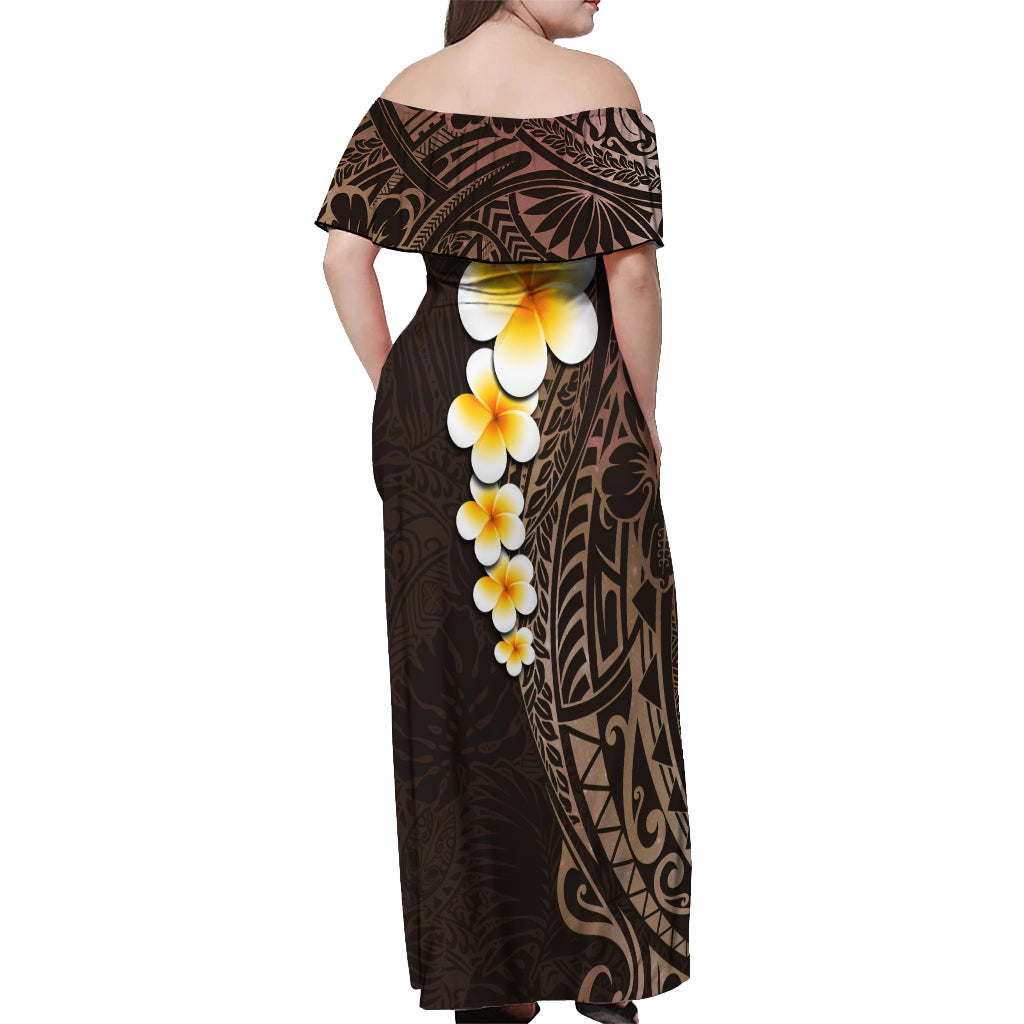 Brown Polynesia Off Shoulder Maxi Dress Plumeria Tropical Leaves With Galaxy Polynesian Art LT14 - Polynesian Pride