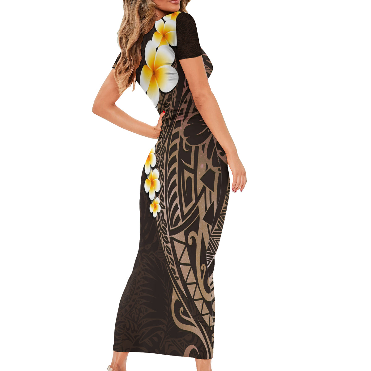 Brown Polynesia Short Sleeve Bodycon Dress Plumeria Tropical Leaves With Galaxy Polynesian Art LT14 - Polynesian Pride