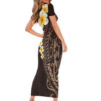 Brown Polynesia Short Sleeve Bodycon Dress Plumeria Tropical Leaves With Galaxy Polynesian Art LT14 - Polynesian Pride