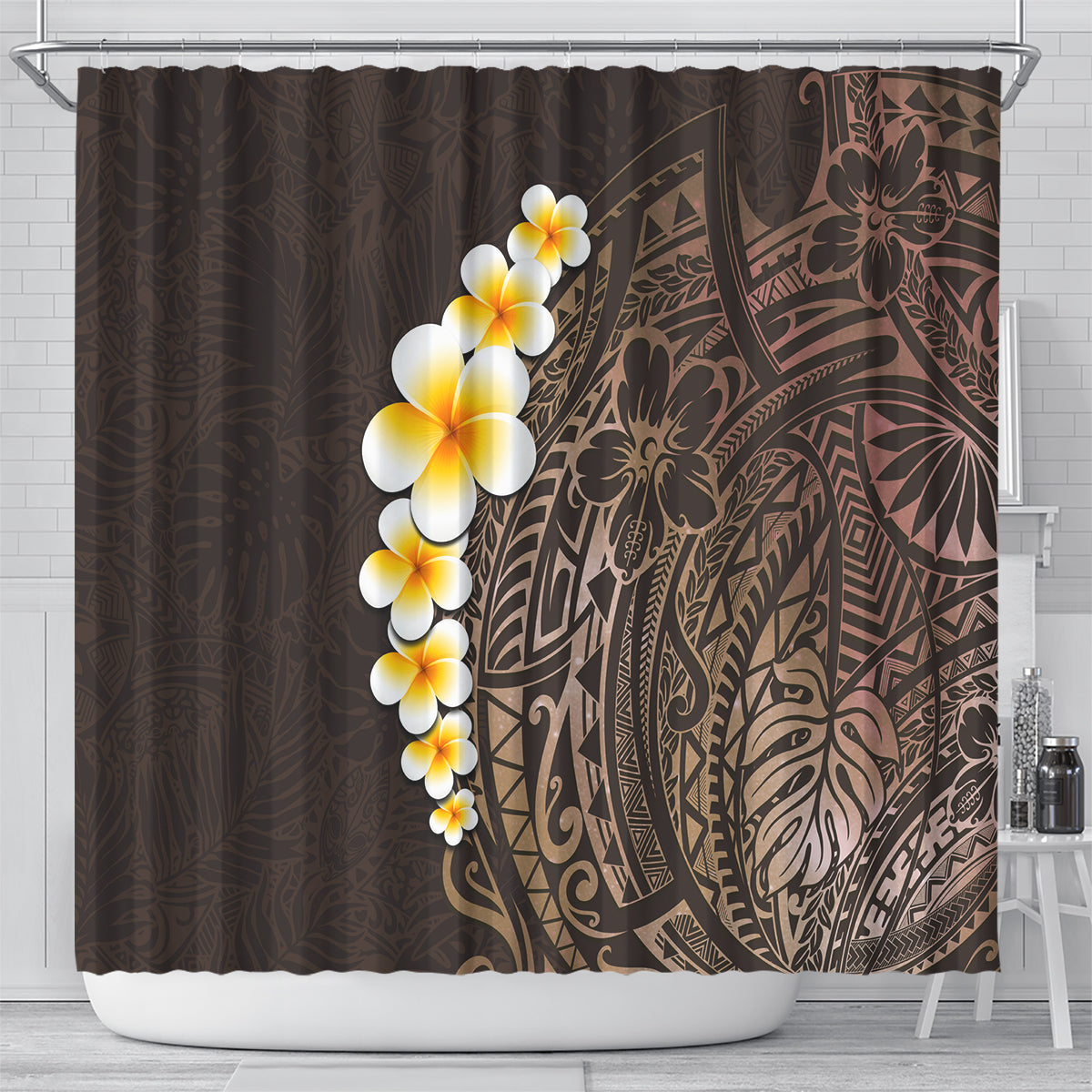 Brown Polynesia Shower Curtain Plumeria Tropical Leaves With Galaxy Polynesian Art LT14 - Polynesian Pride