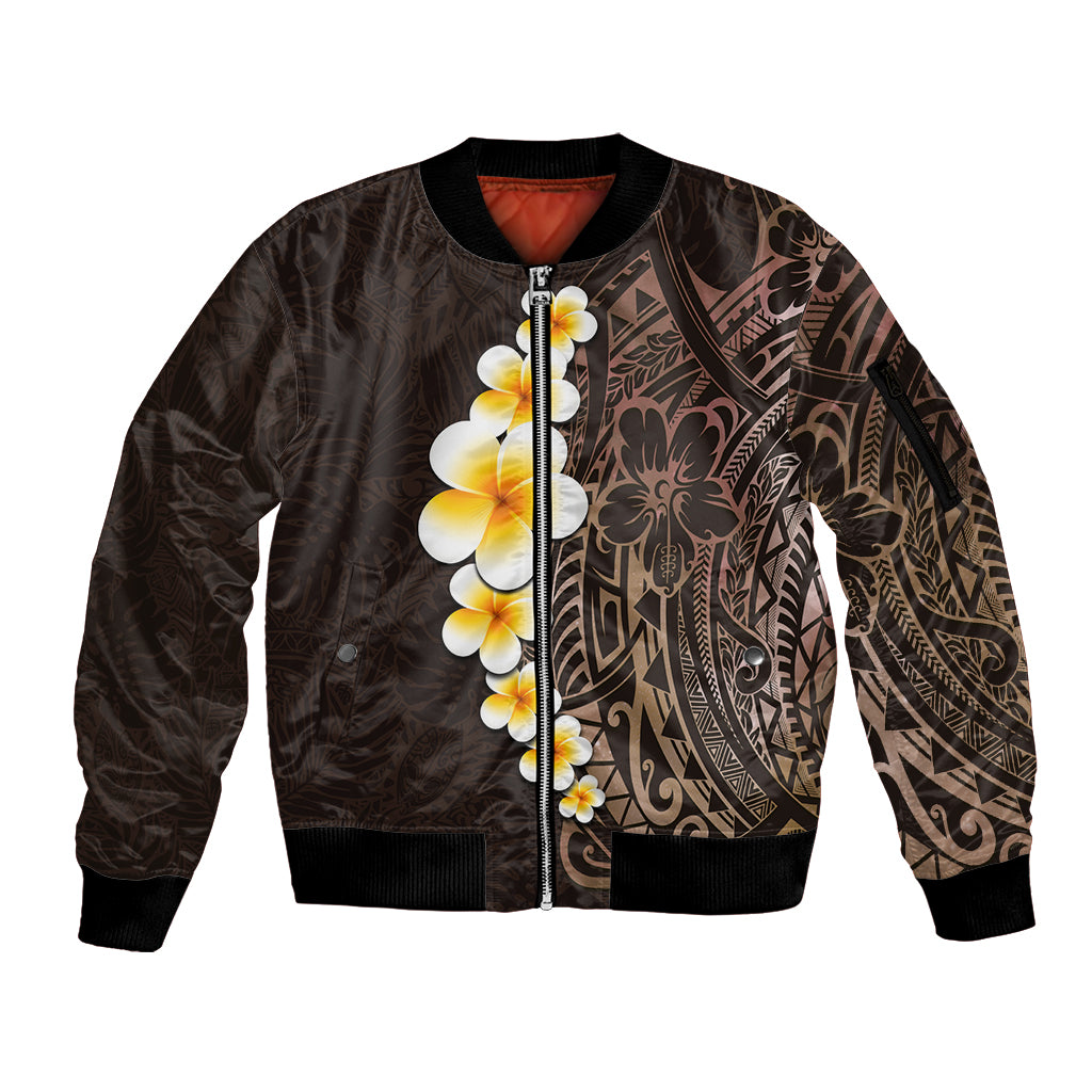 Brown Polynesia Sleeve Zip Bomber Jacket Plumeria Tropical Leaves With Galaxy Polynesian Art LT14 Unisex Brown - Polynesian Pride