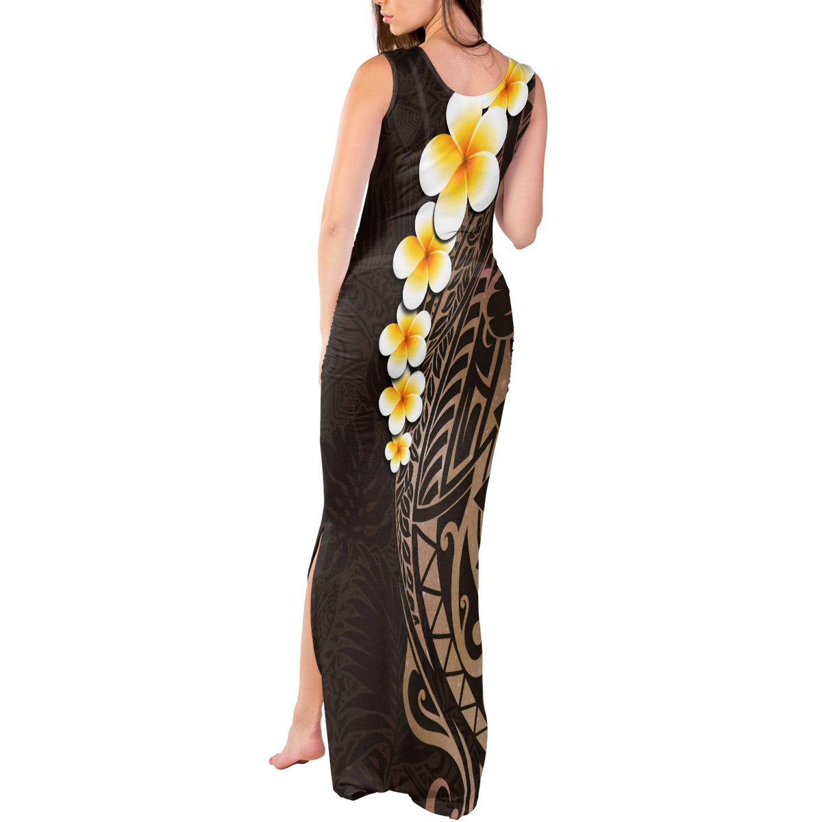 Brown Polynesia Tank Maxi Dress Plumeria Tropical Leaves With Galaxy Polynesian Art LT14 - Polynesian Pride