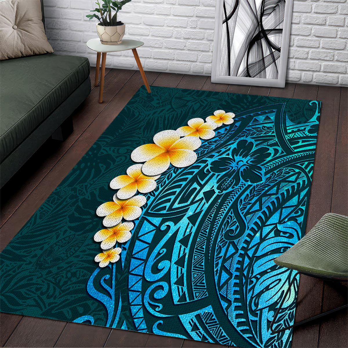 Turquosie Polynesia Area Rug Plumeria Tropical Leaves With Galaxy Polynesian Art LT14 Turquoise - Polynesian Pride