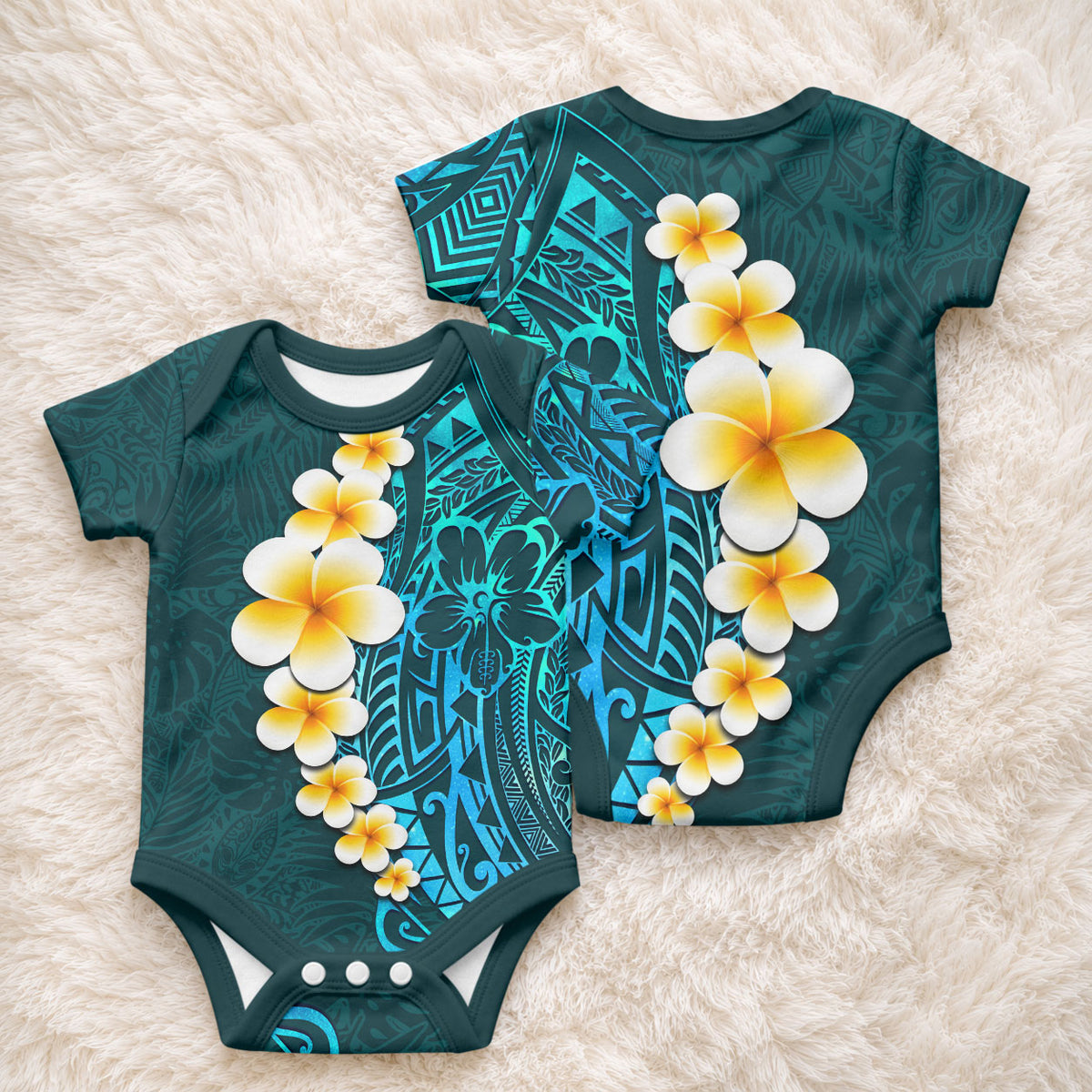 Turquoise Tropical Plumeria With Galaxy Polynesian Art Baby Onesie
