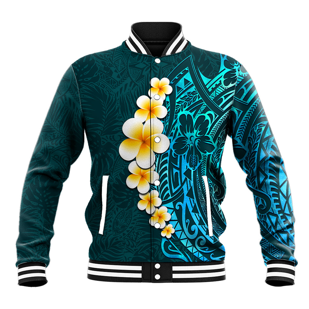 Turquosie Polynesia Baseball Jacket Plumeria Tropical Leaves With Galaxy Polynesian Art LT14 Unisex Turquoise - Polynesian Pride