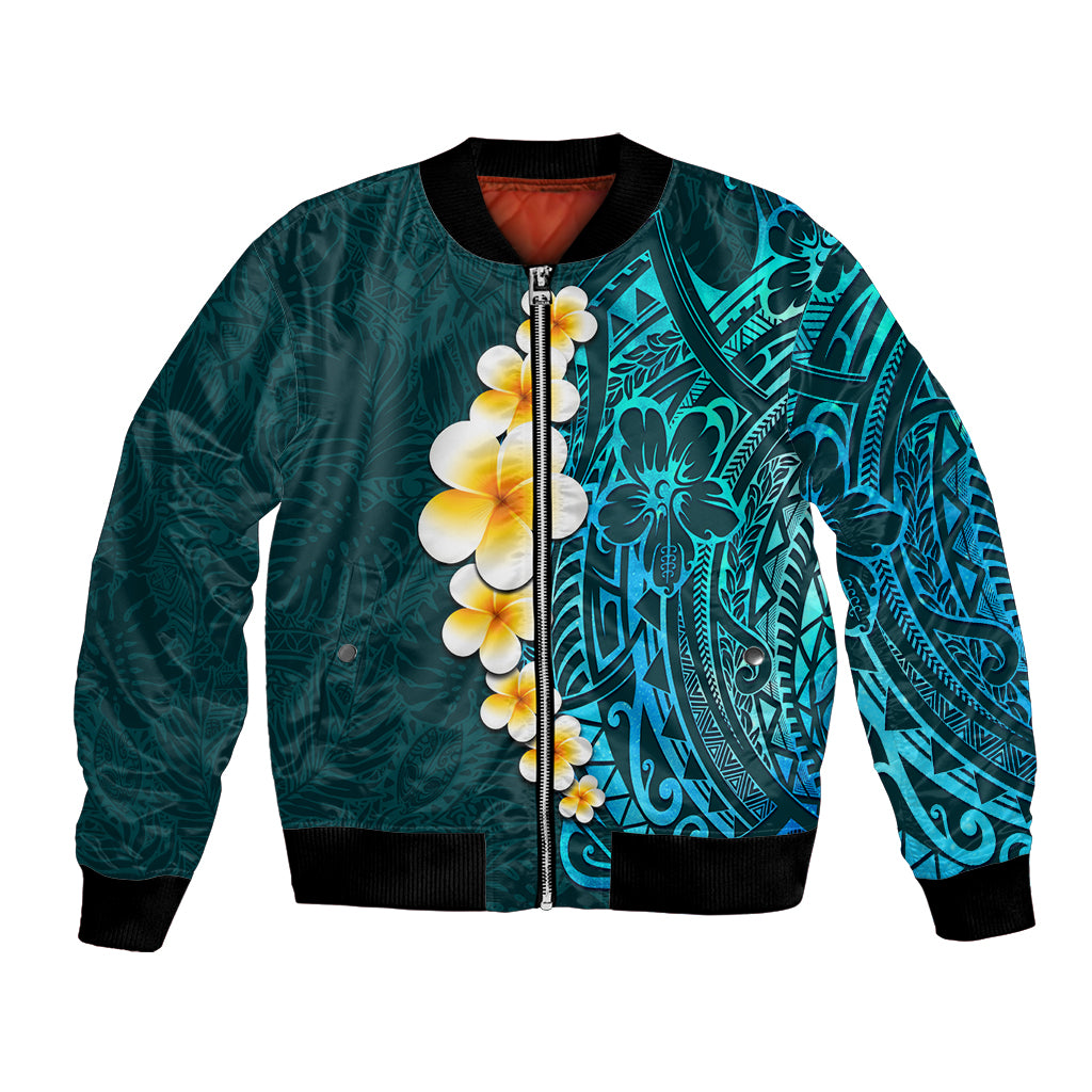Turquosie Polynesia Bomber Jacket Plumeria Tropical Leaves With Galaxy Polynesian Art LT14 Unisex Turquoise - Polynesian Pride