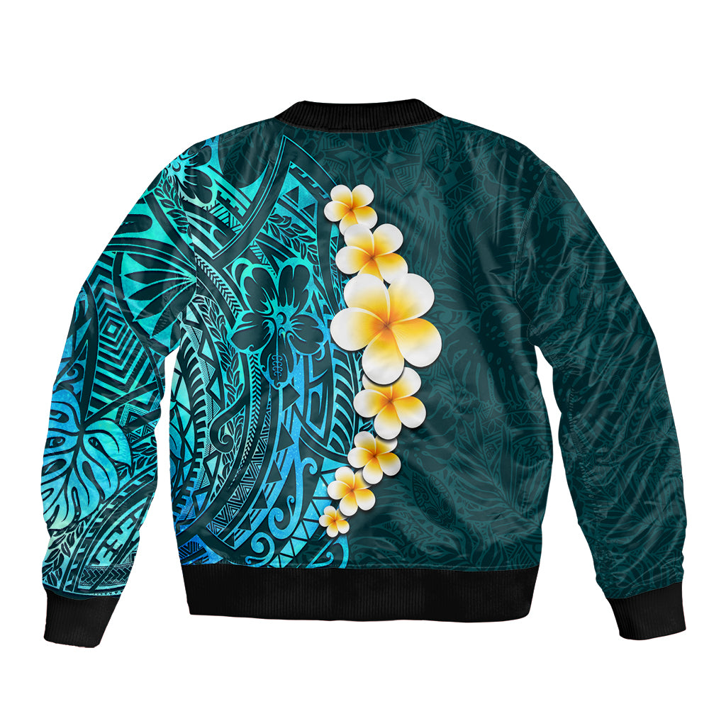 Turquosie Polynesia Bomber Jacket Plumeria Tropical Leaves With Galaxy Polynesian Art LT14 - Polynesian Pride