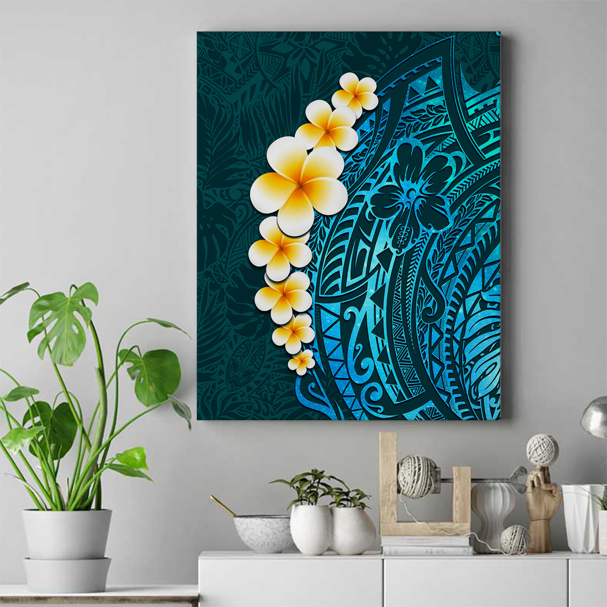 Turquosie Polynesia Canvas Wall Art Plumeria Tropical Leaves With Galaxy Polynesian Art LT14 Turquoise - Polynesian Pride