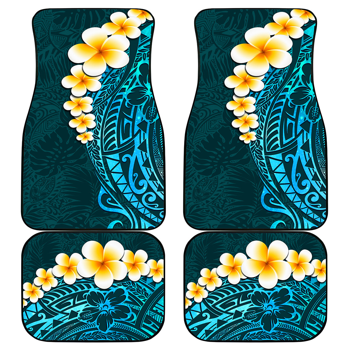 Turquosie Polynesia Car Mats Plumeria Tropical Leaves With Galaxy Polynesian Art LT14 Turquoise - Polynesian Pride