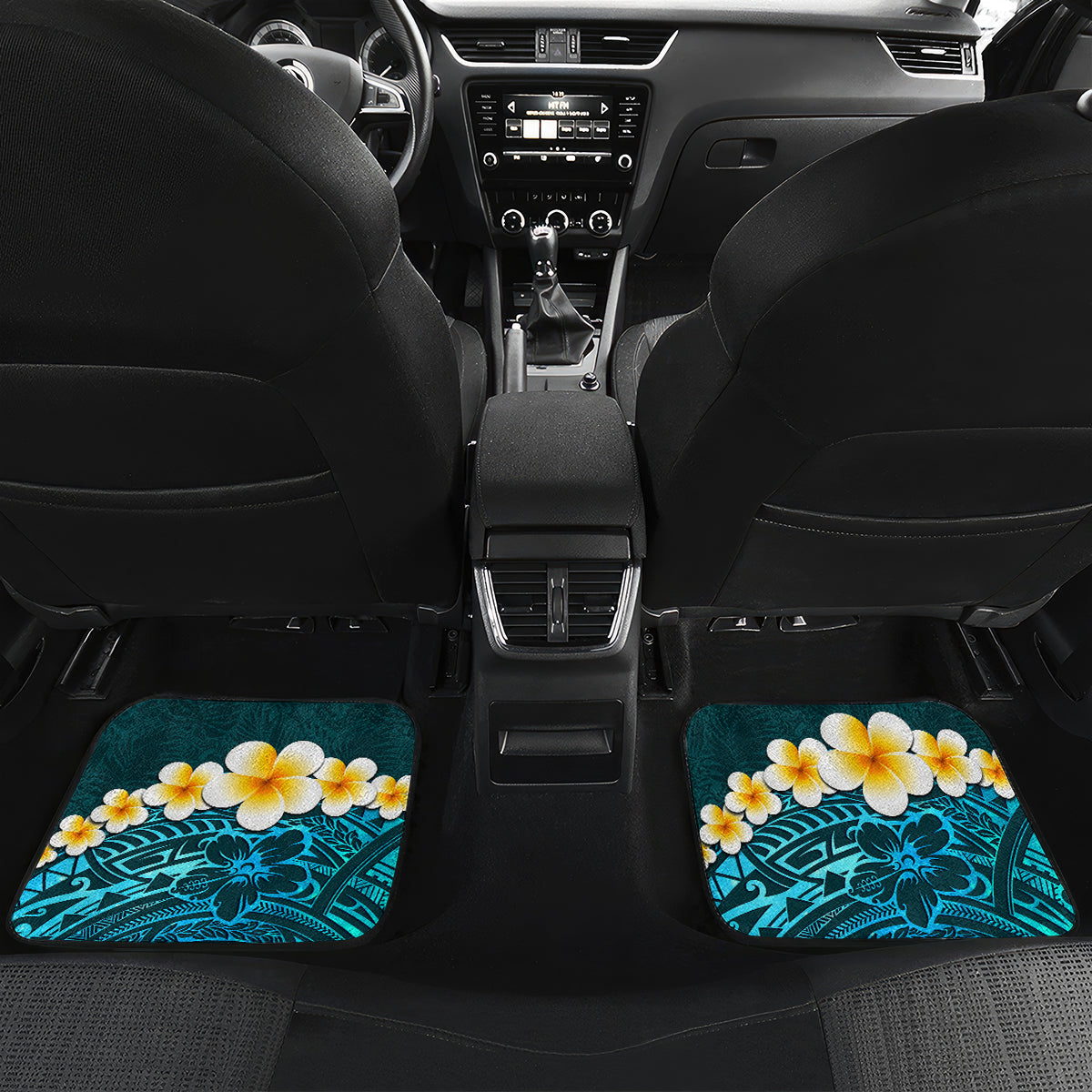 Turquosie Polynesia Car Mats Plumeria Tropical Leaves With Galaxy Polynesian Art LT14 - Polynesian Pride