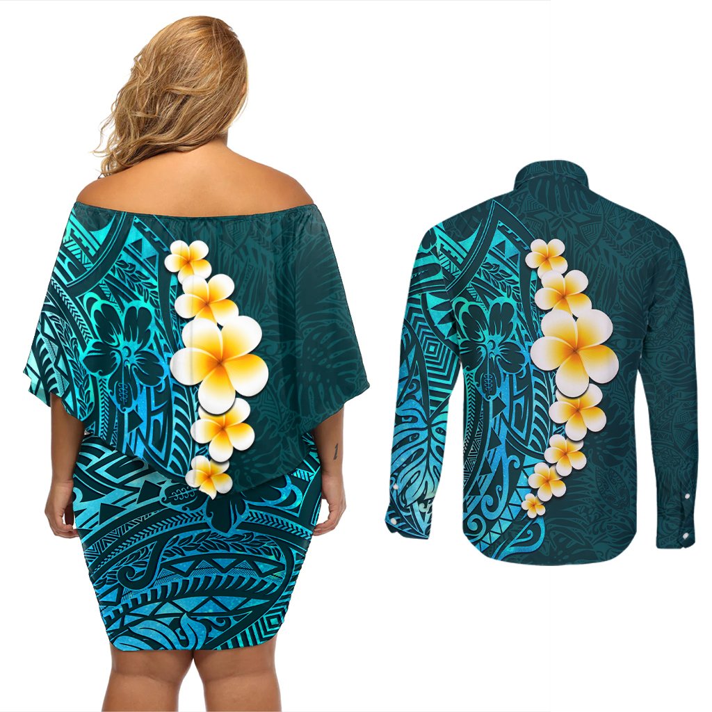 Turquosie Polynesia Couples Matching Off Shoulder Short Dress and Long Sleeve Button Shirt Plumeria Tropical Leaves With Galaxy Polynesian Art LT14 - Polynesian Pride