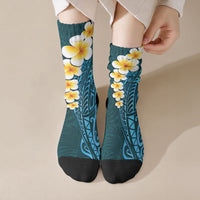Turquoise Tropical Plumeria With Galaxy Polynesian Art Crew Socks LT14 Crew Socks Turquoise - Polynesian Pride