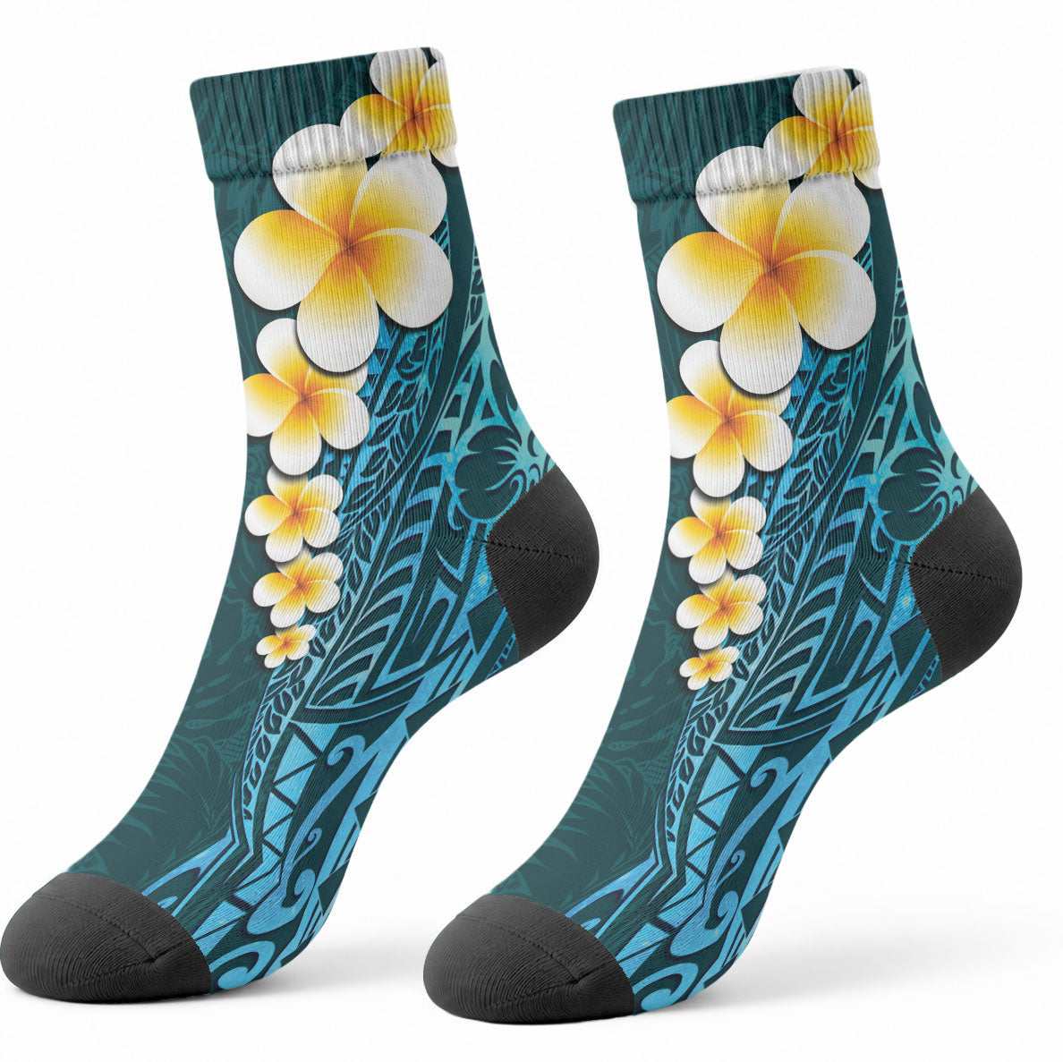 Turquoise Tropical Plumeria With Galaxy Polynesian Art Crew Socks LT14 - Polynesian Pride