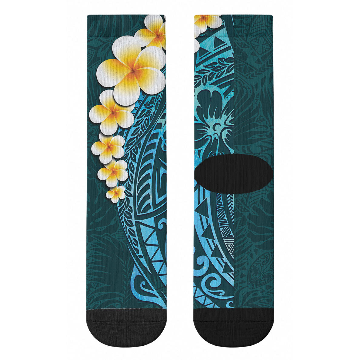 Turquoise Tropical Plumeria With Galaxy Polynesian Art Crew Socks LT14 - Polynesian Pride