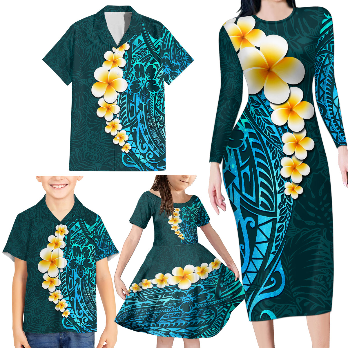 Turquosie Polynesia Family Matching Long Sleeve Bodycon Dress and Hawaiian Shirt Plumeria Tropical Leaves With Galaxy Polynesian Art LT14 - Polynesian Pride