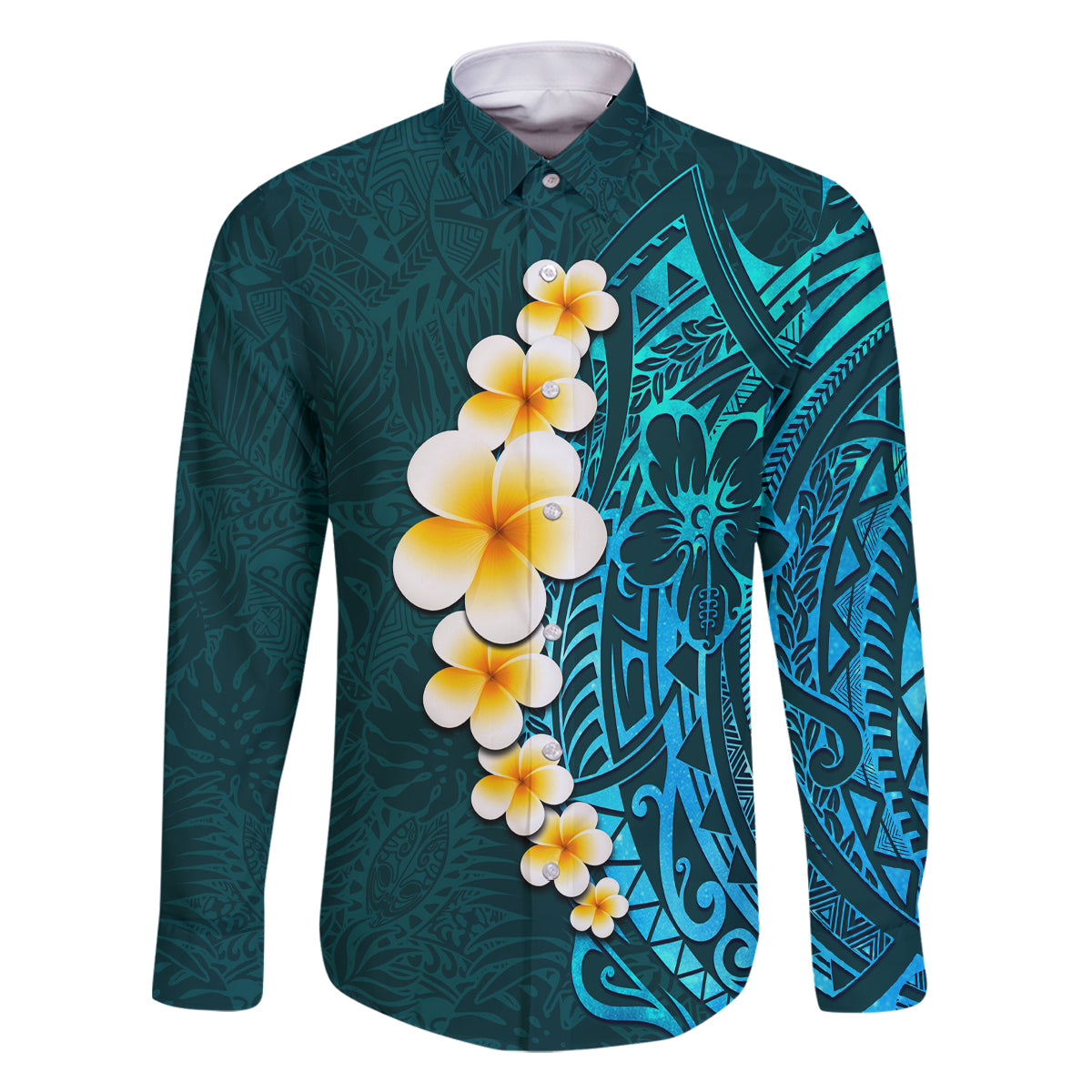 Turquosie Polynesia Family Matching Off Shoulder Maxi Dress and Hawaiian Shirt Plumeria Tropical Leaves With Galaxy Polynesian Art LT14 Dad's Shirt - Long Sleeve Turquoise - Polynesian Pride