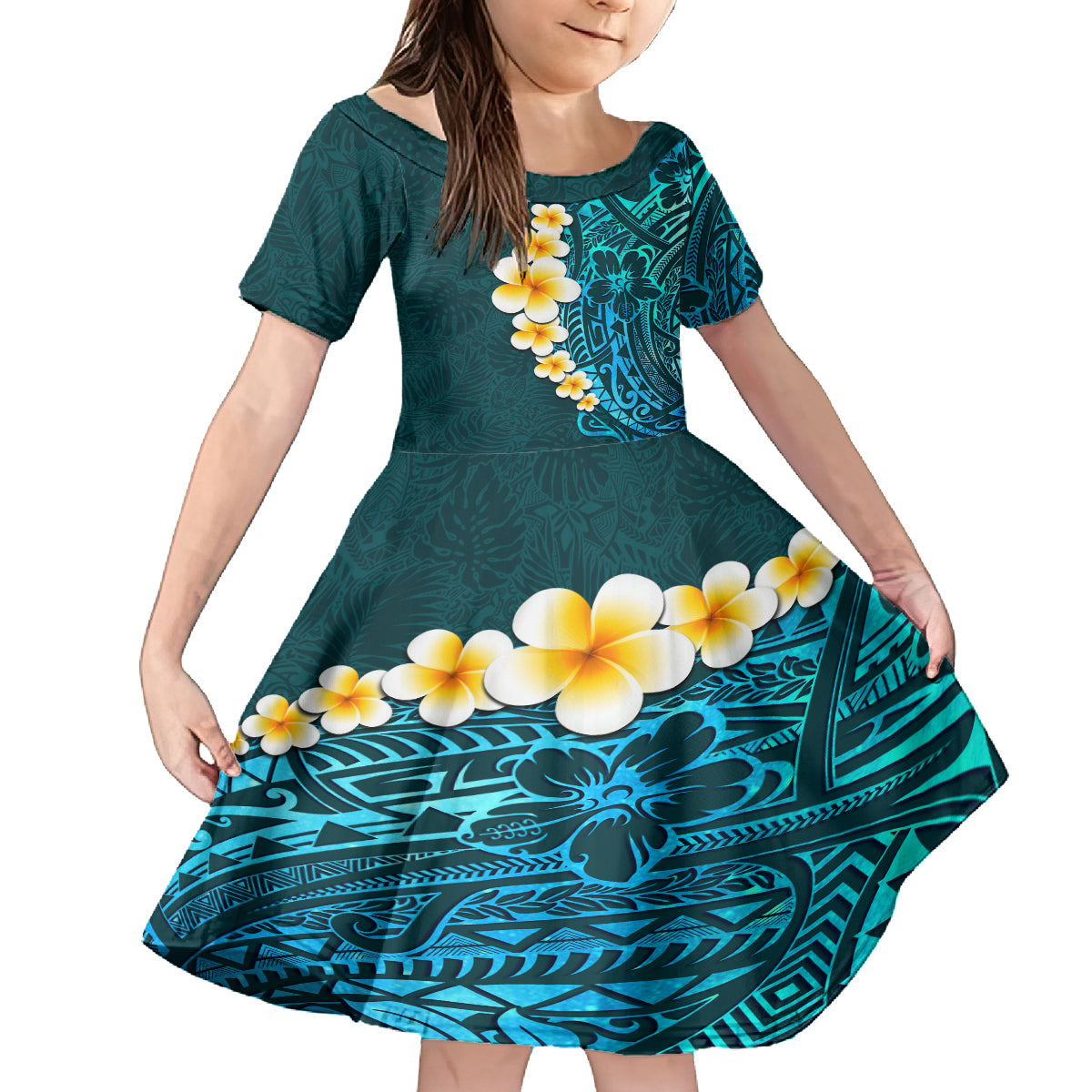 Turquosie Polynesia Family Matching Off Shoulder Short Dress and Hawaiian Shirt Plumeria Tropical Leaves With Galaxy Polynesian Art LT14 Daughter's Dress Turquoise - Polynesian Pride