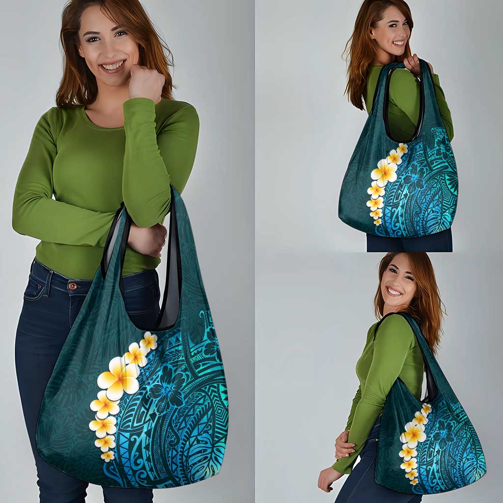 Turquosie Polynesia Grocery Bag Plumeria Tropical Leaves With Galaxy Polynesian Art