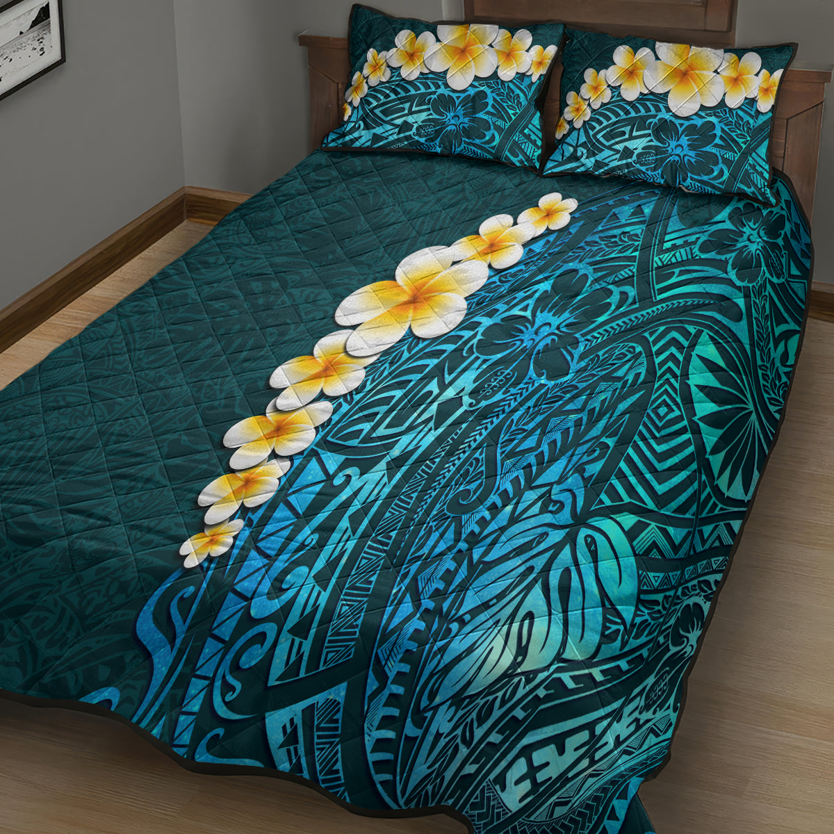 Turquosie Polynesia Quilt Bed Set Plumeria Tropical Leaves With Galaxy Polynesian Art LT14 - Polynesian Pride