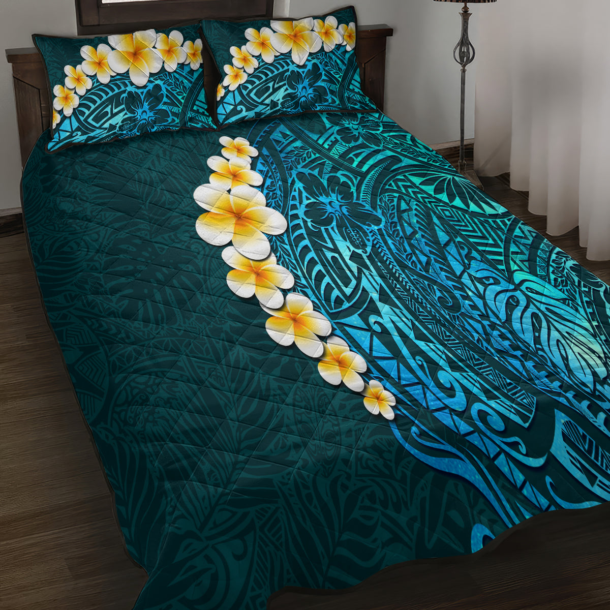 Turquosie Polynesia Quilt Bed Set Plumeria Tropical Leaves With Galaxy Polynesian Art LT14 - Polynesian Pride