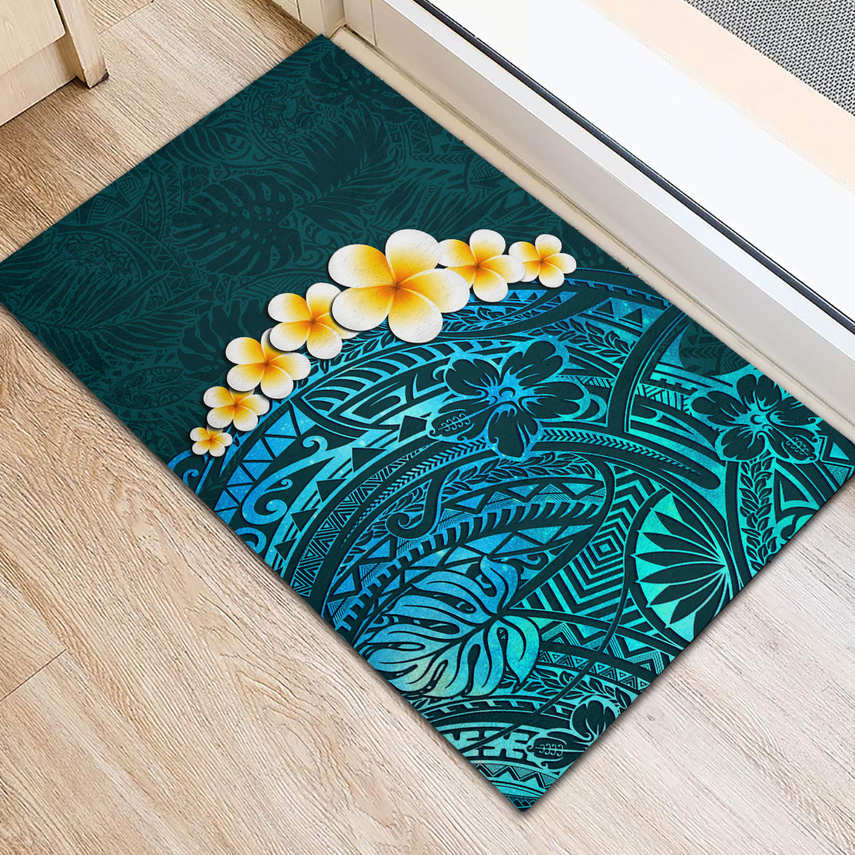 Turquosie Polynesia Rubber Doormat Plumeria Tropical Leaves With Galaxy Polynesian Art LT14 - Polynesian Pride