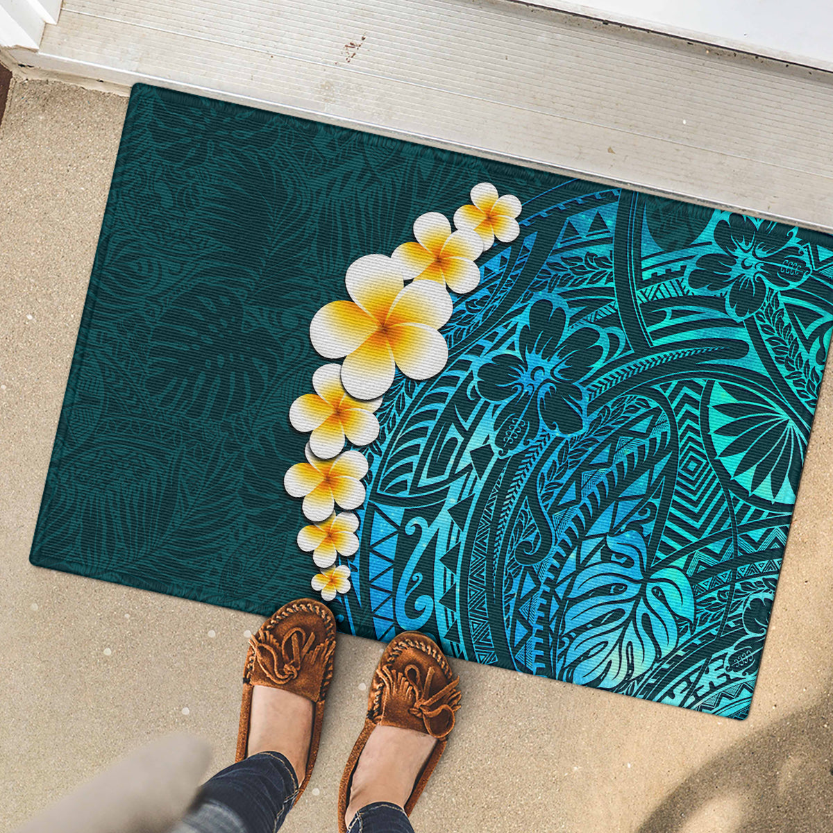 Turquosie Polynesia Rubber Doormat Plumeria Tropical Leaves With Galaxy Polynesian Art LT14 - Polynesian Pride