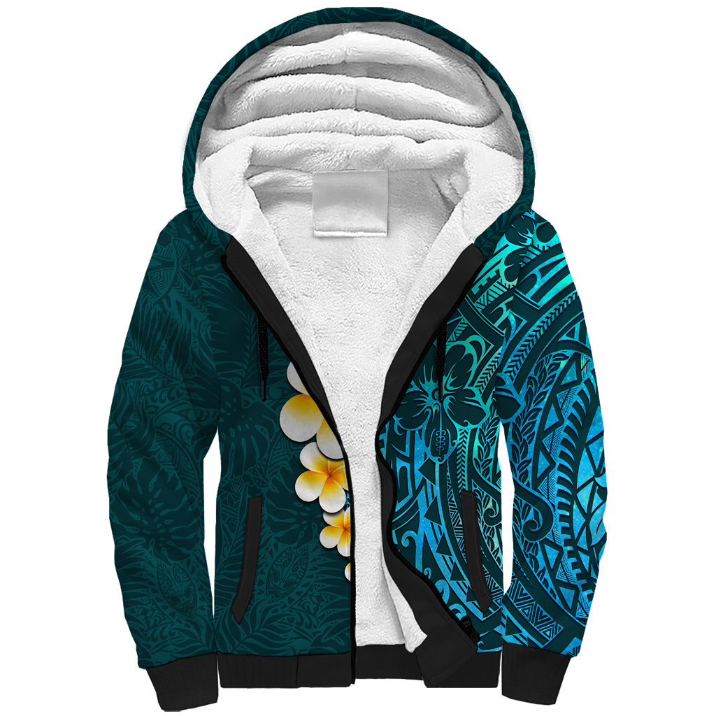 Turquosie Polynesia Sherpa Hoodie Plumeria Tropical Leaves With Galaxy Polynesian Art LT14 Unisex Turquoise - Polynesian Pride