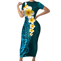 Turquosie Polynesia Short Sleeve Bodycon Dress Plumeria Tropical Leaves With Galaxy Polynesian Art LT14 Long Dress Turquoise - Polynesian Pride