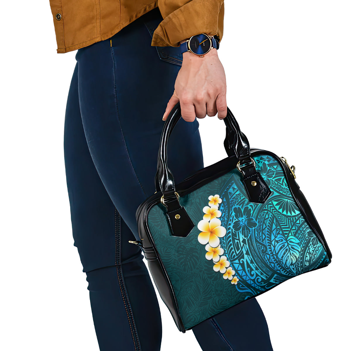 Turquosie Polynesia Shoulder Handbag Plumeria Tropical Leaves With Galaxy Polynesian Art LT14 - Polynesian Pride