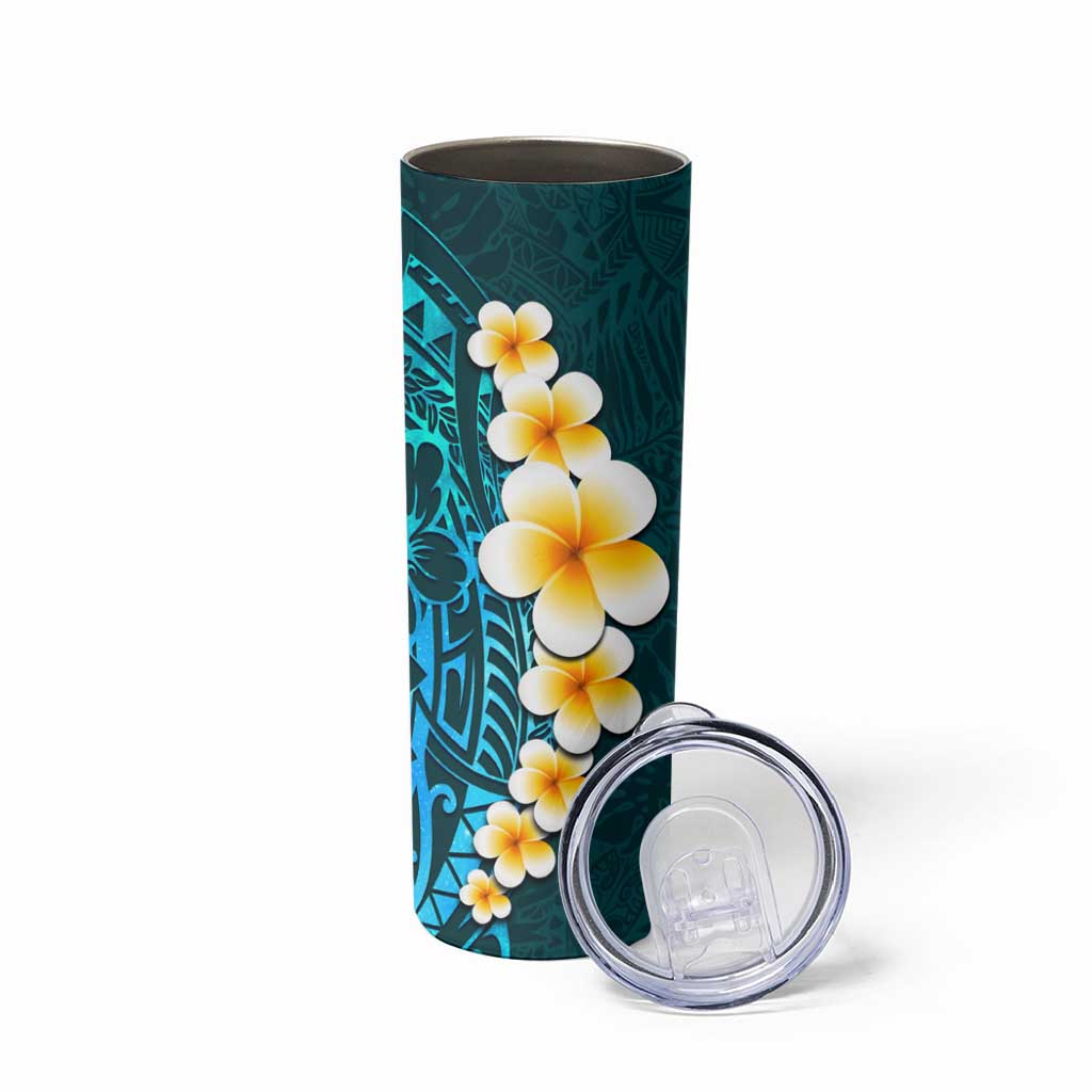 Turquosie Polynesia Skinny Tumbler Plumeria Tropical Leaves With Galaxy Polynesian Art LT14 - Polynesian Pride