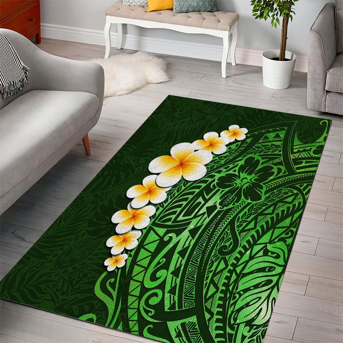Green Polynesia Area Rug Plumeria Tropical Leaves With Galaxy Polynesian Art LT14 - Polynesian Pride