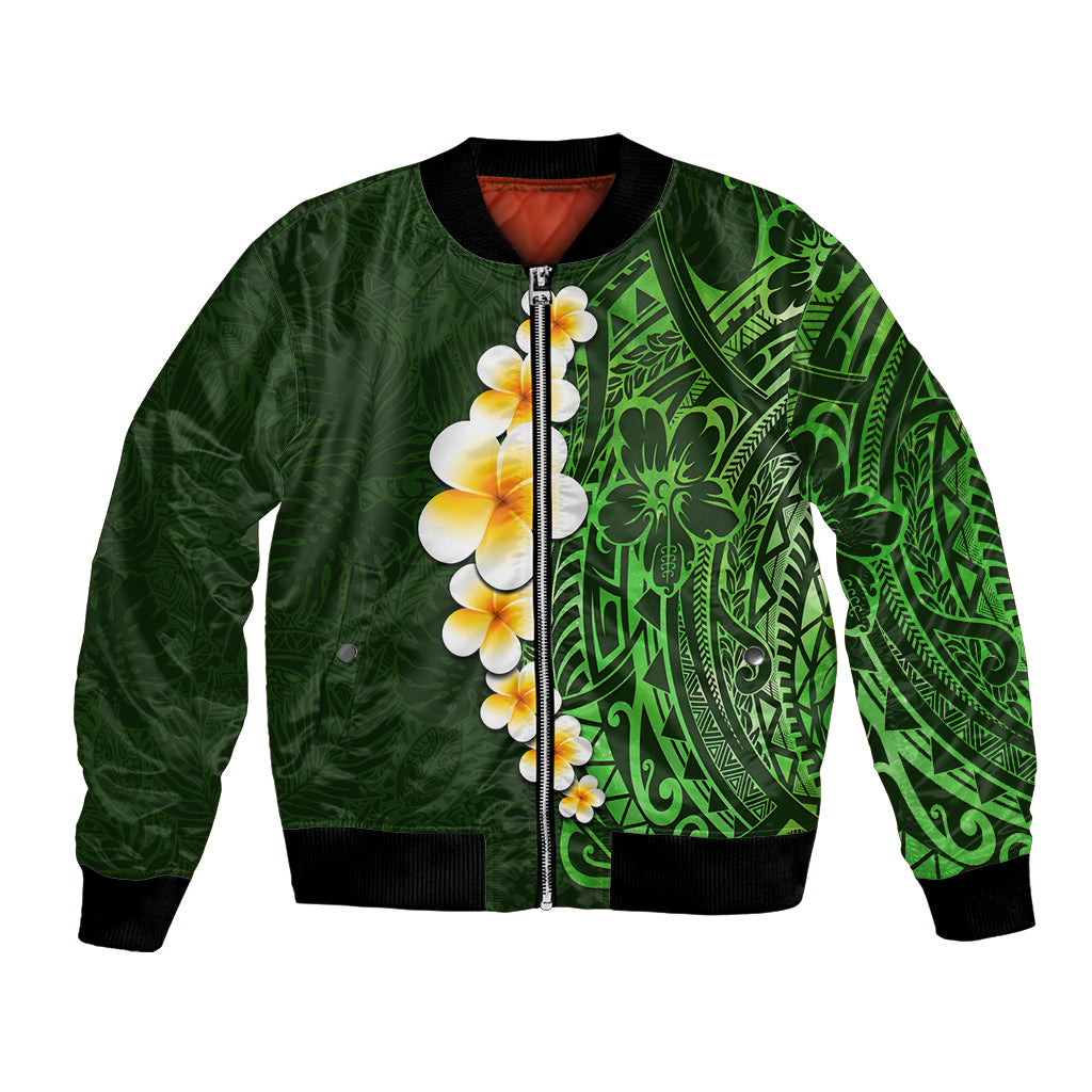 Green Polynesia Bomber Jacket Plumeria Tropical Leaves With Galaxy Polynesian Art LT14 Unisex Green - Polynesian Pride