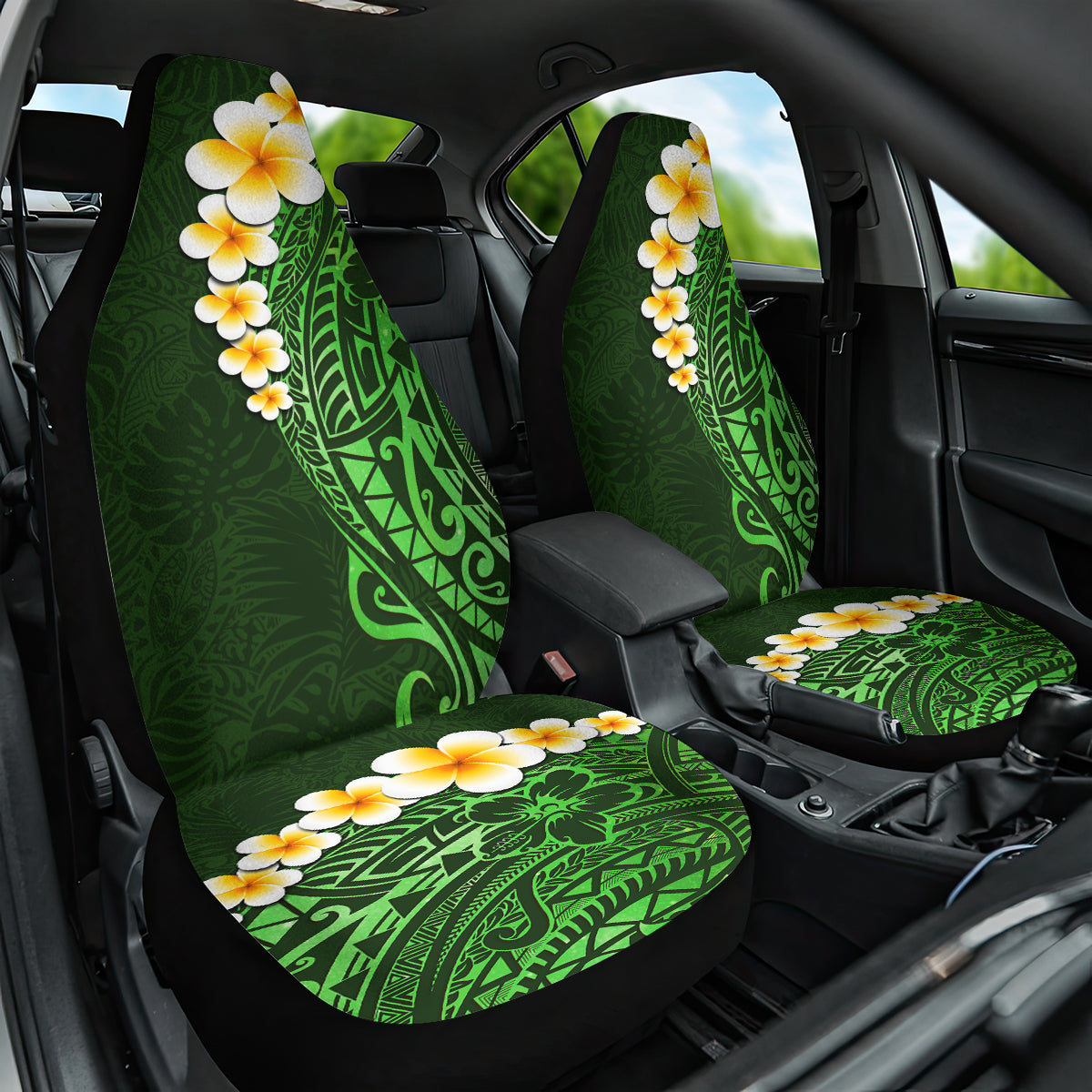 Green Polynesia Car Seat Cover Plumeria Tropical Leaves With Galaxy Polynesian Art LT14 One Size Green - Polynesian Pride