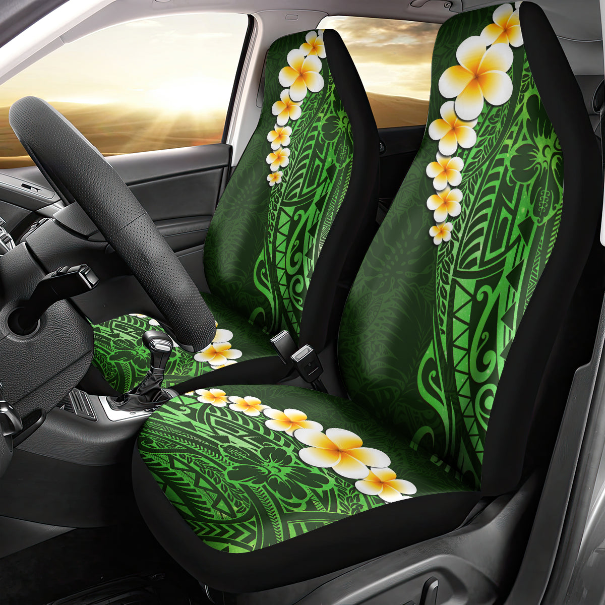 Green Polynesia Car Seat Cover Plumeria Tropical Leaves With Galaxy Polynesian Art LT14 - Polynesian Pride