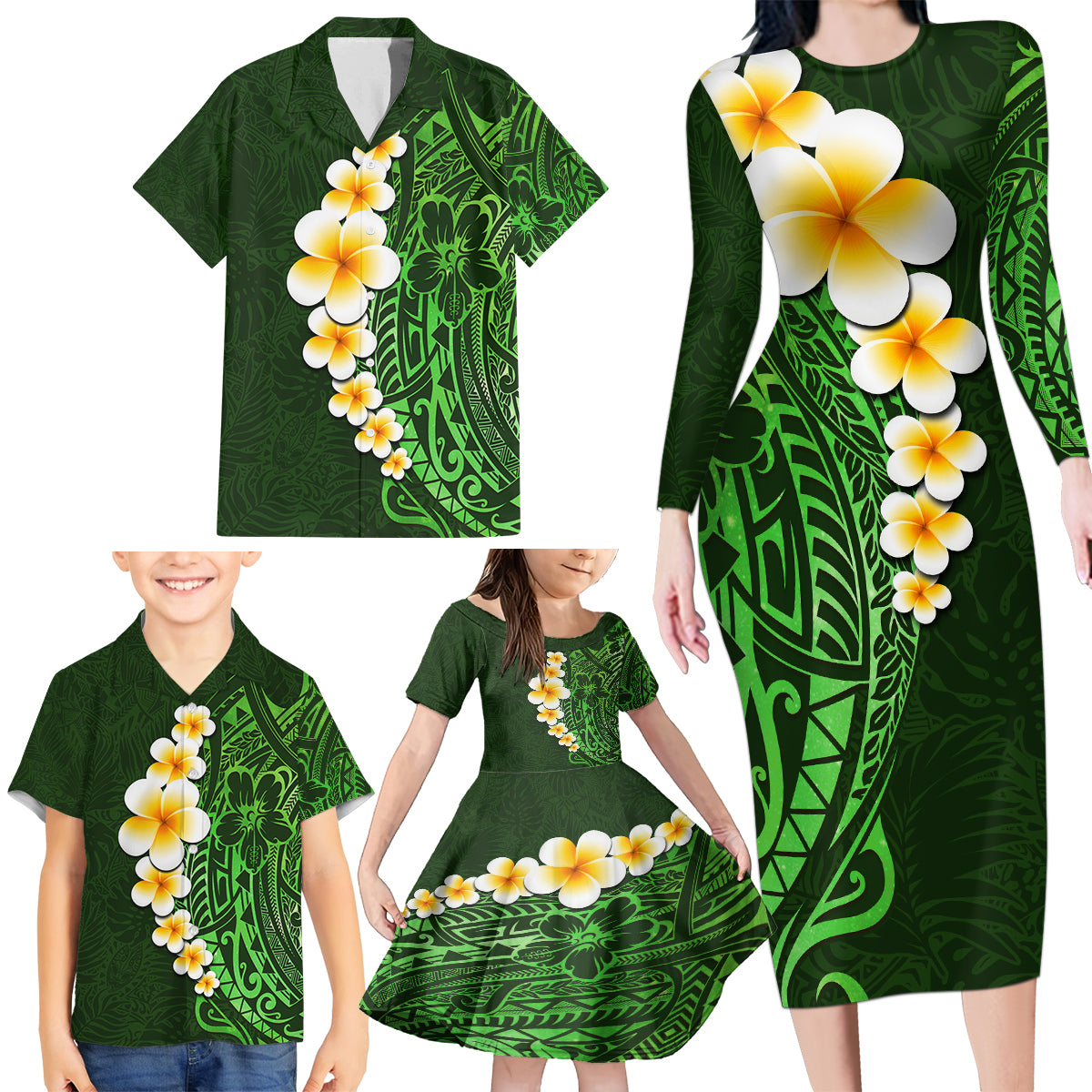 Green Polynesia Family Matching Long Sleeve Bodycon Dress and Hawaiian Shirt Plumeria Tropical Leaves With Galaxy Polynesian Art LT14 - Polynesian Pride