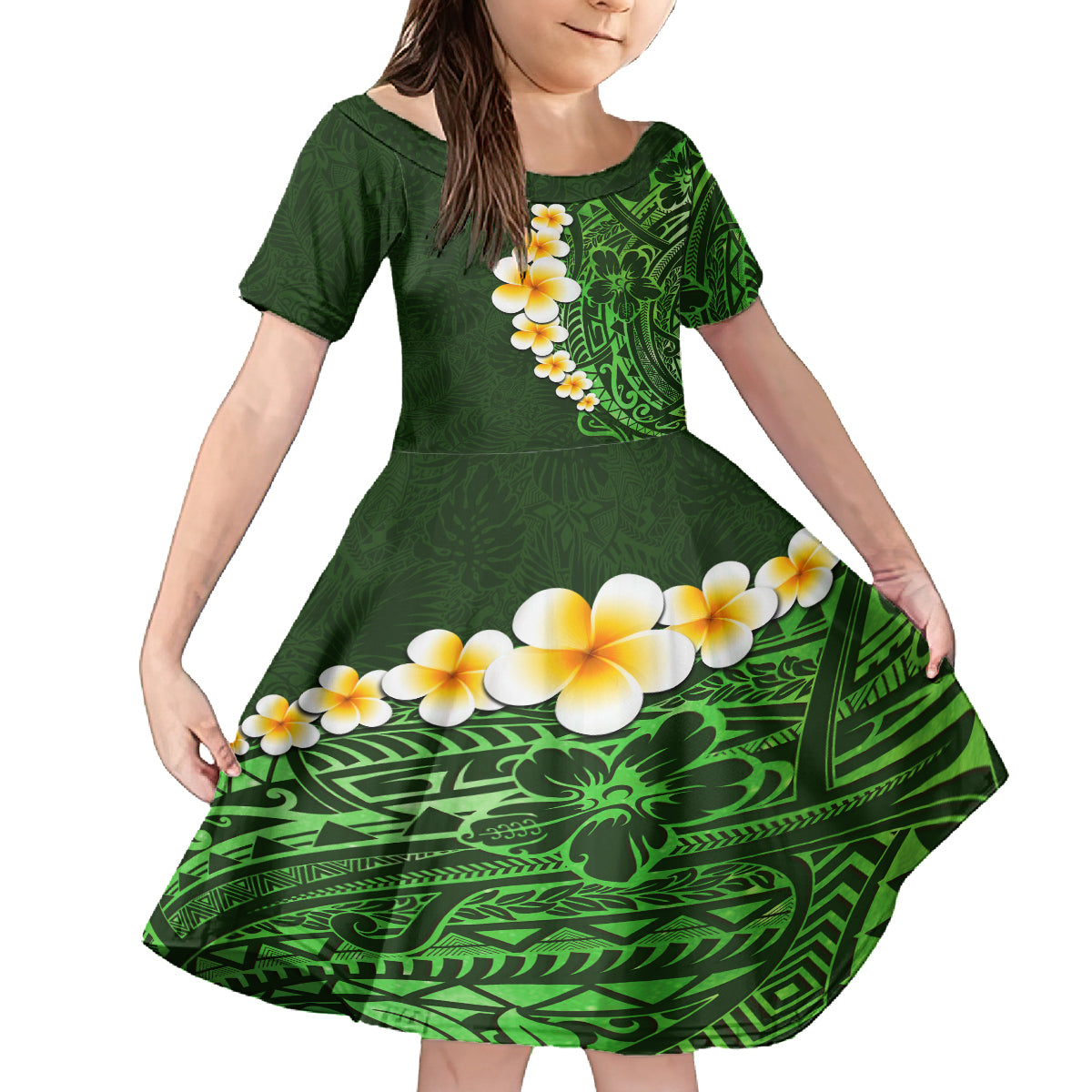 Green Polynesia Family Matching Off Shoulder Short Dress and Hawaiian Shirt Plumeria Tropical Leaves With Galaxy Polynesian Art LT14 Daughter's Dress Green - Polynesian Pride