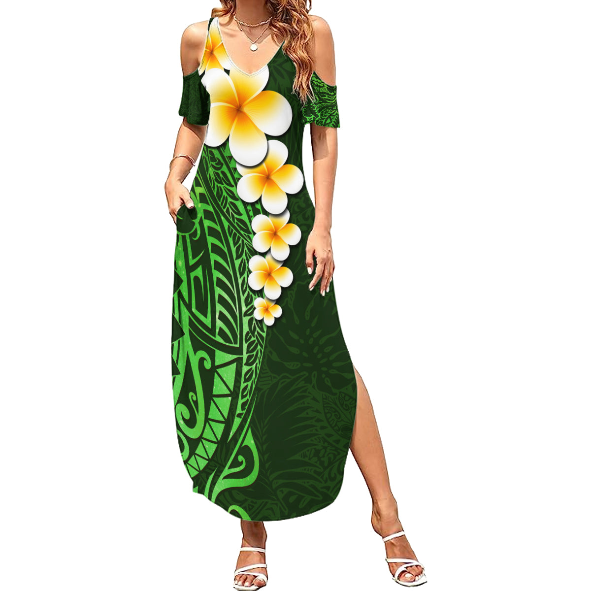 Green Polynesia Family Matching Summer Maxi Dress and Hawaiian Shirt Plumeria Tropical Leaves With Galaxy Polynesian Art LT14 Mom's Dress Green - Polynesian Pride