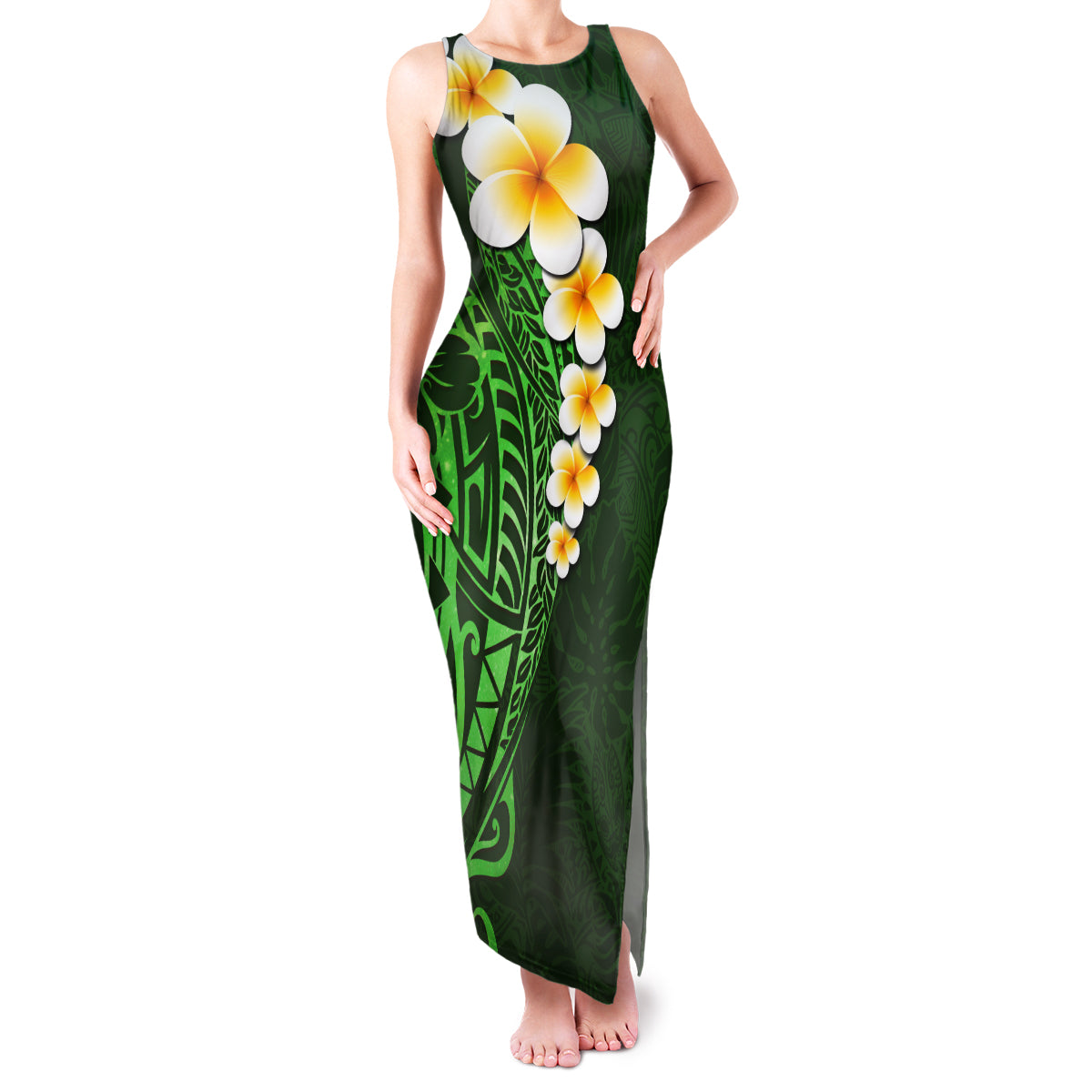 Green Polynesia Family Matching Tank Maxi Dress and Hawaiian Shirt Plumeria Tropical Leaves With Galaxy Polynesian Art LT14 Mom's Dress Green - Polynesian Pride