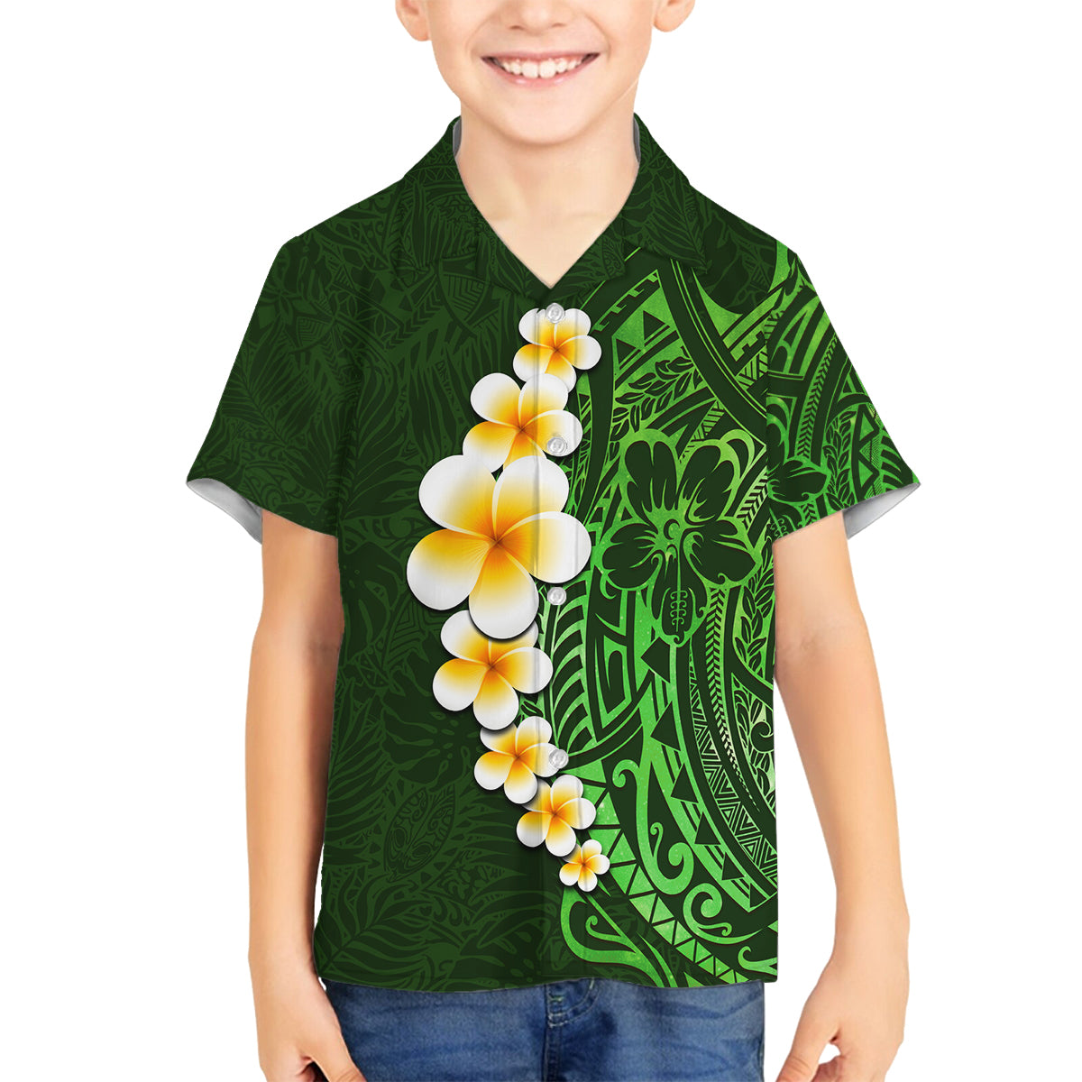Green Polynesia Family Matching Tank Maxi Dress and Hawaiian Shirt Plumeria Tropical Leaves With Galaxy Polynesian Art LT14 Son's Shirt Green - Polynesian Pride