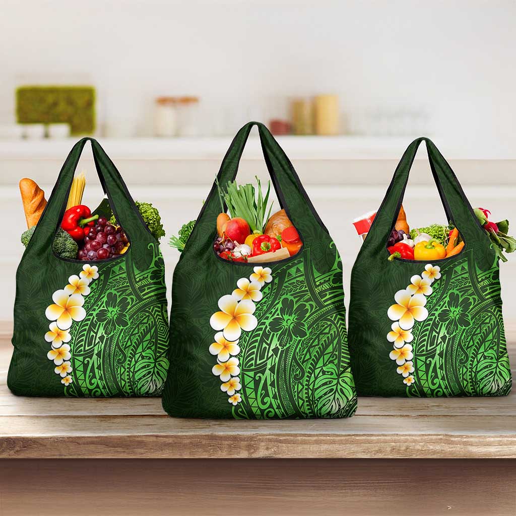 Green Polynesia Grocery Bag Plumeria Tropical Leaves With Galaxy Polynesian Art LT14 3-pack One Size Green - Polynesian Pride