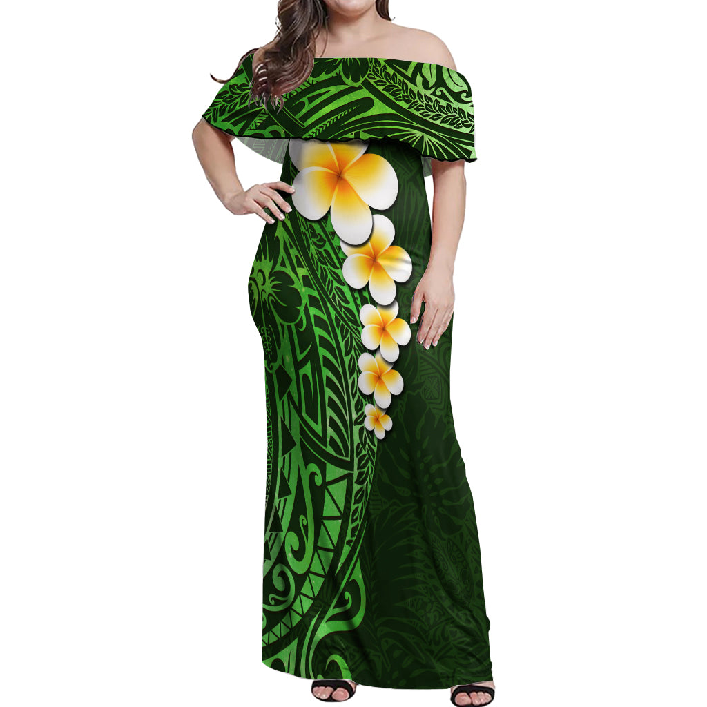 Green Polynesia Off Shoulder Maxi Dress Plumeria Tropical Leaves With Galaxy Polynesian Art LT14 Women Green - Polynesian Pride