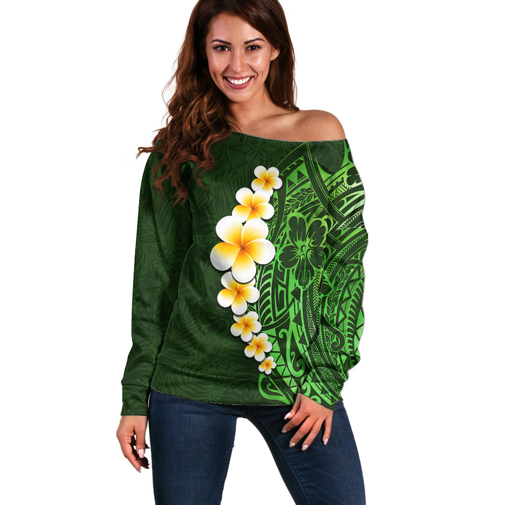 Green Polynesia Off Shoulder Sweater Plumeria Tropical Leaves With Galaxy Polynesian Art LT14 Women Green - Polynesian Pride