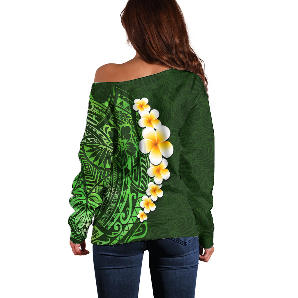 Green Polynesia Off Shoulder Sweater Plumeria Tropical Leaves With Galaxy Polynesian Art LT14 - Polynesian Pride