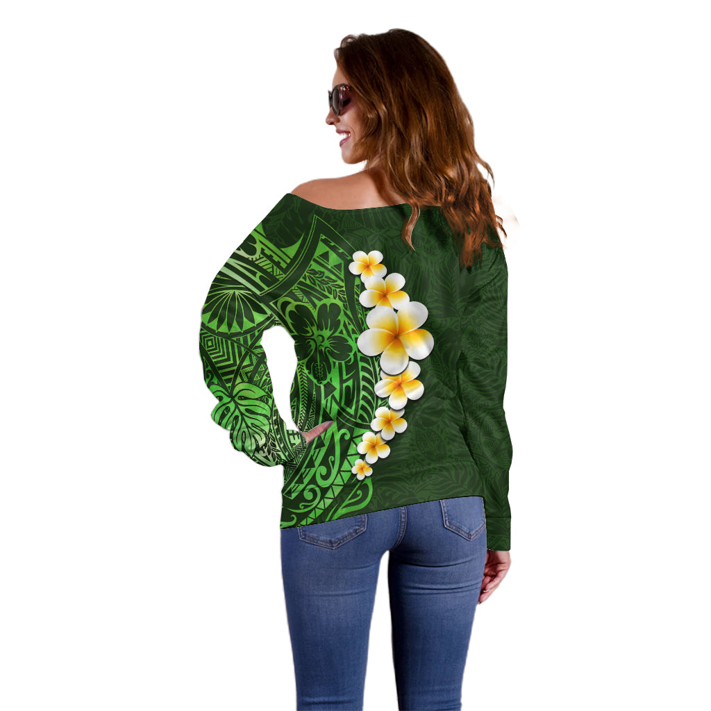 Green Polynesia Off Shoulder Sweater Plumeria Tropical Leaves With Galaxy Polynesian Art LT14 - Polynesian Pride