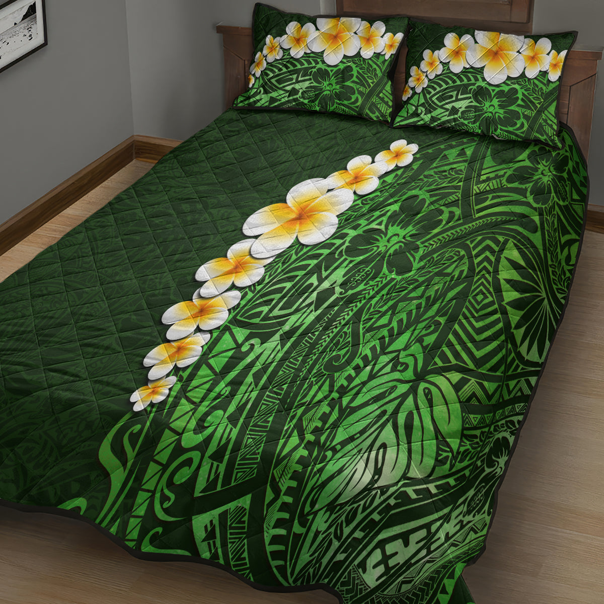 Green Polynesia Quilt Bed Set Plumeria Tropical Leaves With Galaxy Polynesian Art LT14 - Polynesian Pride