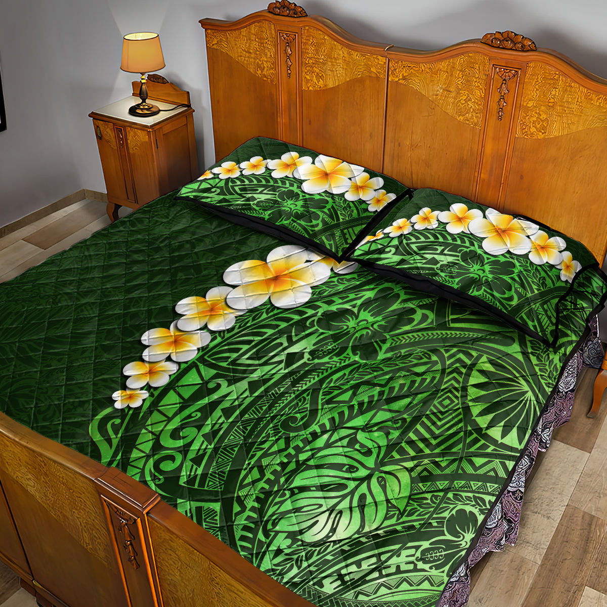 Green Polynesia Quilt Bed Set Plumeria Tropical Leaves With Galaxy Polynesian Art LT14 - Polynesian Pride