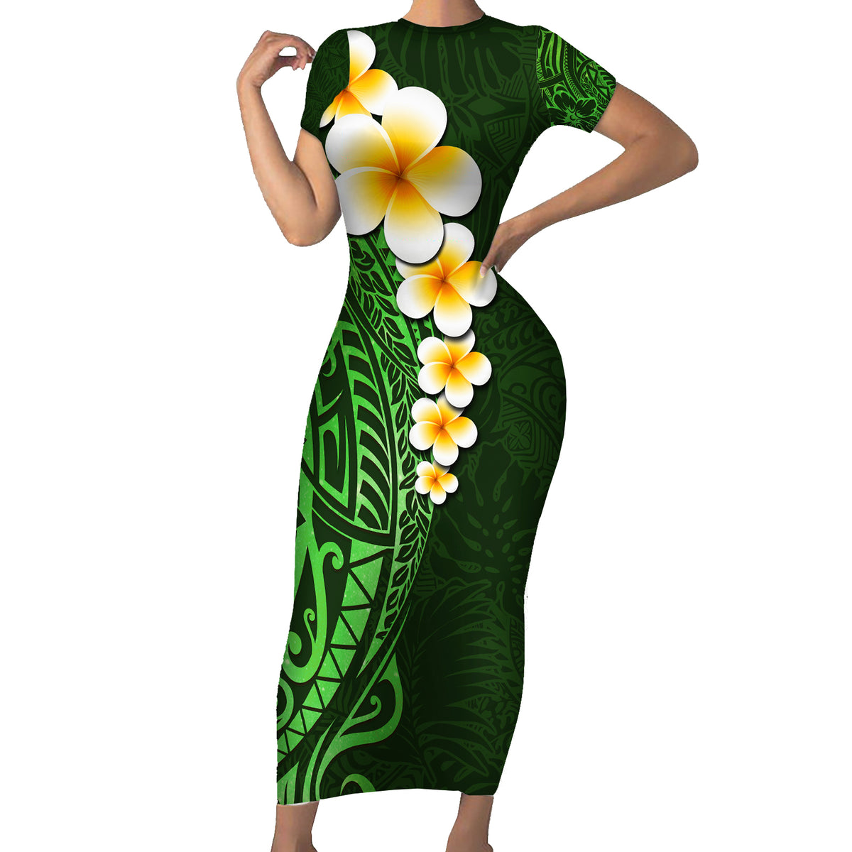 Green Polynesia Short Sleeve Bodycon Dress Plumeria Tropical Leaves With Galaxy Polynesian Art LT14 Long Dress Green - Polynesian Pride